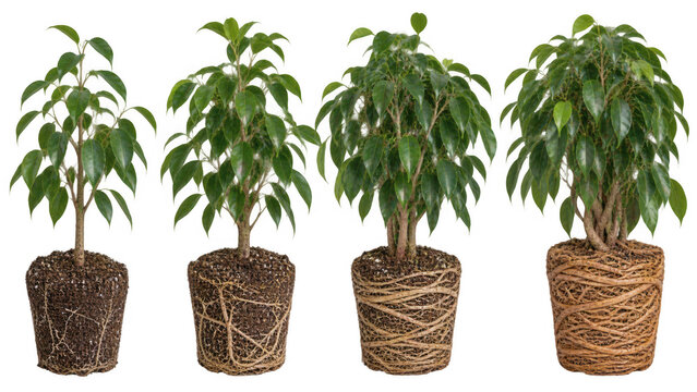 Ficus plants showing growth stages and root bound conditions isolated on transparent background