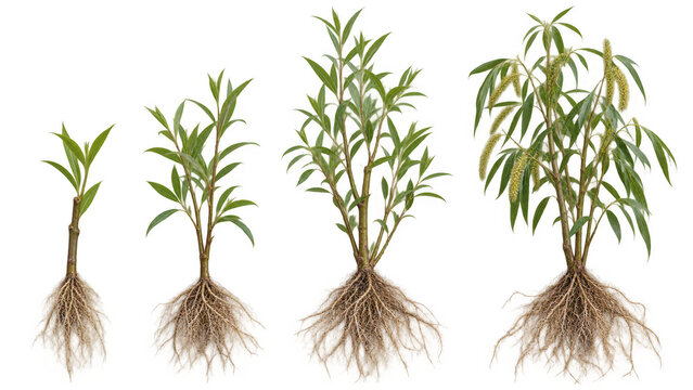 Willow plant growth stages with roots showing botanical development isolated on transparent background