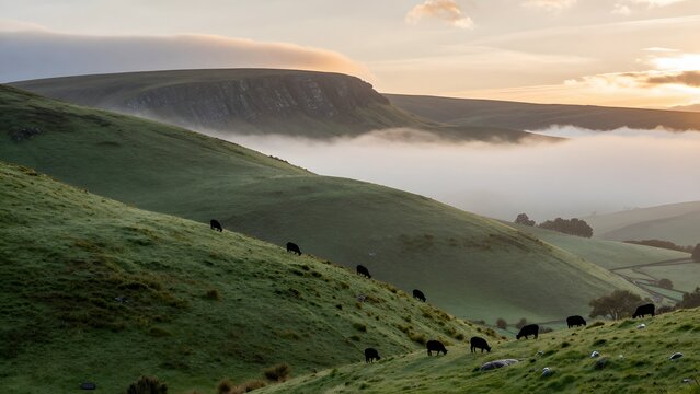 117, Rolling emerald hills of the Scottish Highlands dotted with grazing blackface sheep, morning ground fog settling into the glens, warm golden sun peeking over a rugged distant ridge