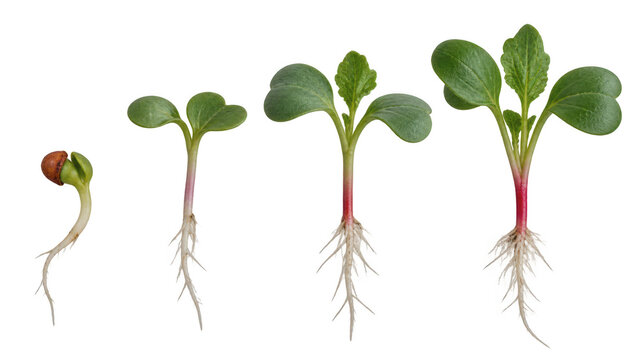 Radish microgreen growth stages showing seed germination and root development on transparent background
