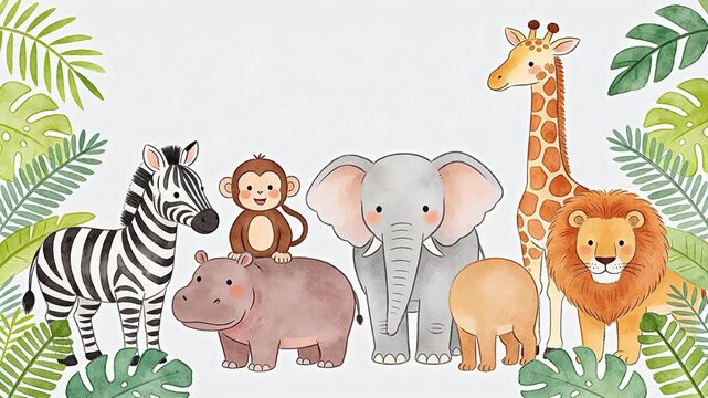Cartoon jungle animals with zebra elephant giraffe lion monkey and hippo in tropical green foliage