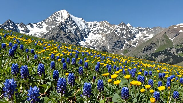 120, A vibrant alpine meadow carpeted with blooming blue gentians and yellow arnica flowers, jagged snow-capped peaks rising dramatically under a crisp summer sky, pure mountain air feeling
