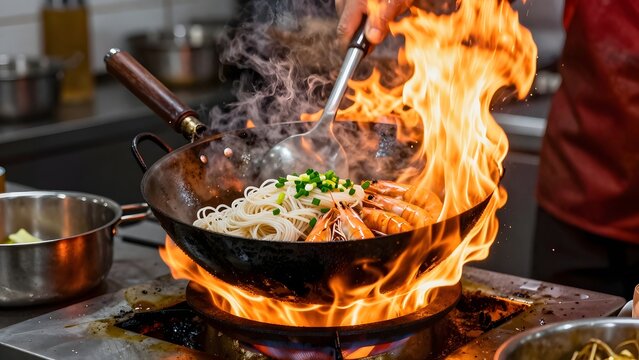 138, A street food chef tossing a fiery hot carbon steel wok over a roaring burner, wide flames licking around the wok, dynamic suspended motion of rice noodles, scallions, and plump tiger prawns