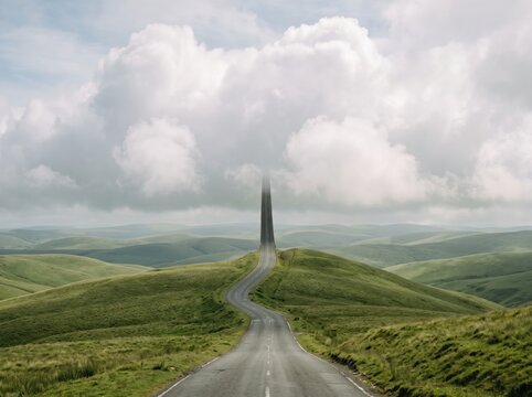 The Endless Road: A winding asphalt road leads towards a mystical monolith piercing through dramatic clouds, set against a backdrop of rolling green hills.