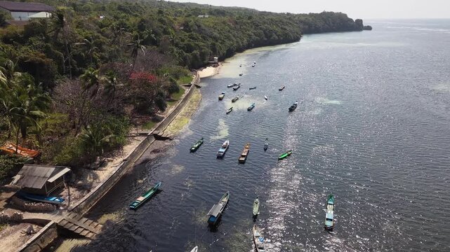 Aerial view of fishing boats in Tomia Timur, Indonesia.