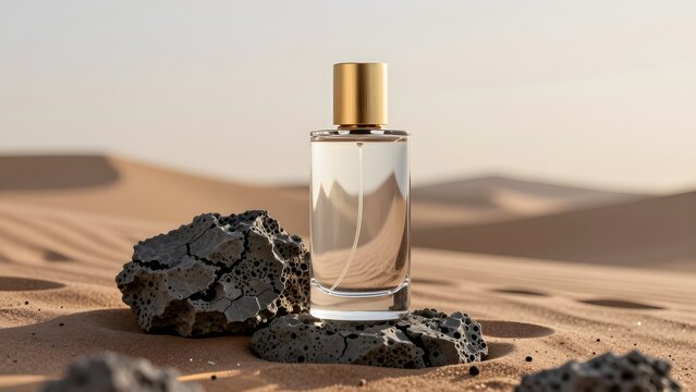 180, A high-end cylindrical perfume bottle mockup in thick clear crystal with a solid brushed-brass cap, set on a cracked volcanic basalt rock surrounded by soft desert sand dunes at late afternoon su