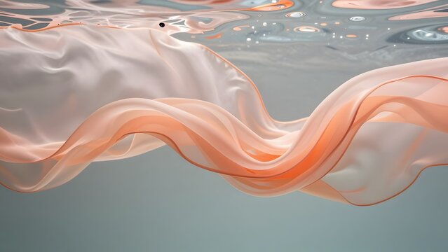 187, Abstract background of sheer weightless silk chiffon fabric floating and billowing in underwater currents, soft pastel apricot and coral gradients, ethereal fluid movement, cosmetic commercial ba