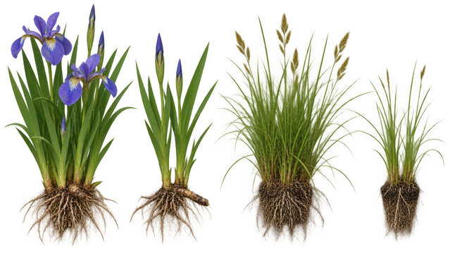 Bioswale plant palette featuring blue flag iris and sedge with roots isolated on transparent background