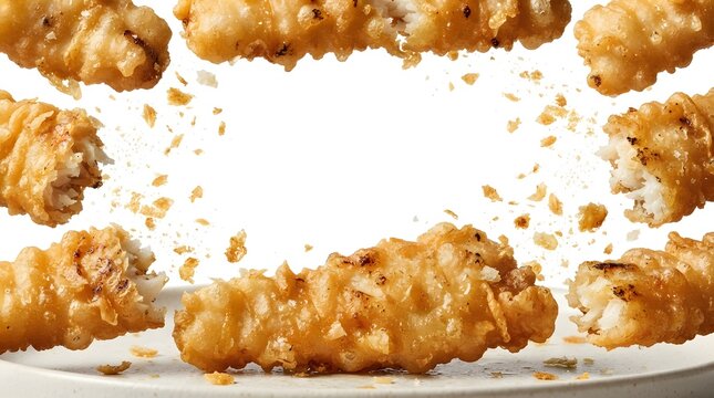 Crispy Fried Fish Sticks Flying with Scattering Breadcrumbs on White Background, High Quality Food Photography for Restaurant Menu Advertising