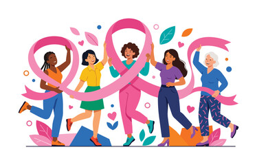 Fototapeta premium Diverse Group of Women Supporting Breast Cancer Awareness Month with Pink Ribbon.