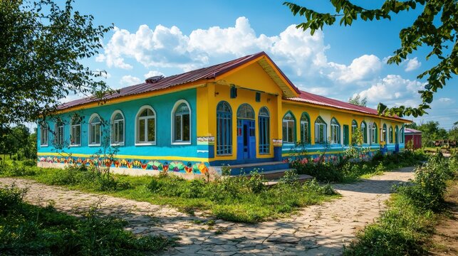 A renovated orphanage building in a rural area, featuring bright walls and cheerful decorations.