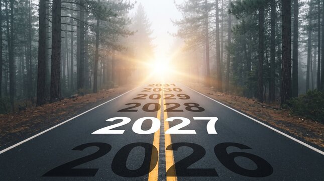 Road to the future with years 2026 to 2031 painted on asphalt highway through foggy forest at sunrise