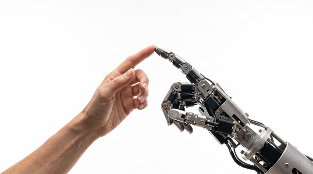 Human Finger Touches Robotic Hand Finger in Futuristic Technology Concept