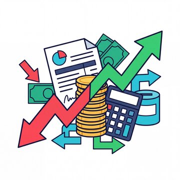 Business growth and financial analytics with arrows and coins