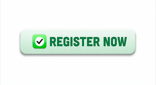 Modern green checkmark register now button with clean light background