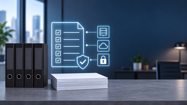 Secure Cloud Document Management Concept with Digital Overlay of Checklist and Security Icons on Office Desk
