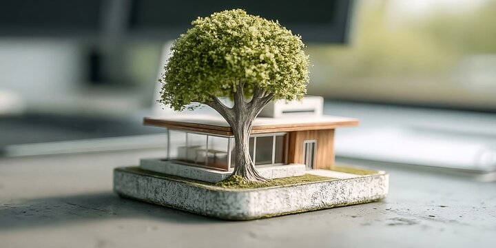 A miniature model of a modern minimalist house architecture design with a lush green tree outdoors.