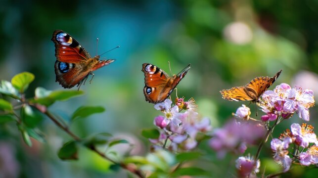 A set of UK-native butterflies flying above a blooming English garden, with the butterflies&acirc;&euro;&trade; colorful wings contrasting against the greenery.