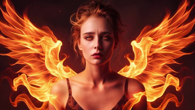 Fantasy woman with burning fire wings looking at camera. Mythological character concept with glowing orange eyes and flickering flames. Static medium shot.