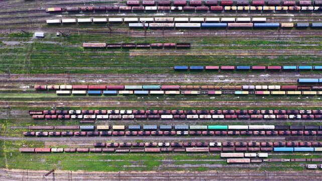 Aerial view of freight train yard in Tbilisi, Georgia.