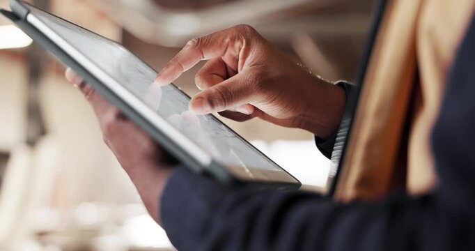 Carpentry, hands and tablet screen with man in factory for management of lumber production process. App, search and storage of stock with employee in woodwork warehouse for digital agenda or planning