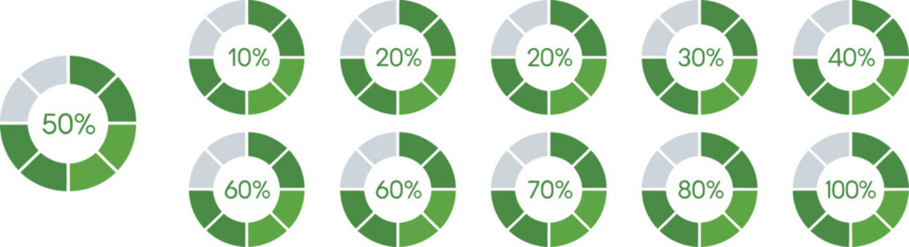 Percentage infographic elements, round diagrams from 0 to 100 percent with colored fill pie charts indicators loading circles and progress symbols.