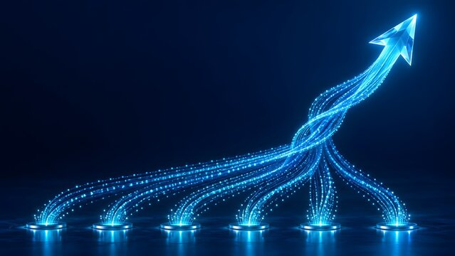 Glowing Fiber Optic Data Streams Converging into an Upward Pointing Arrow