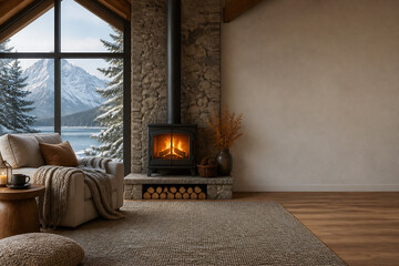 Obraz premium A cozy living room with a fireplace and large window overlooking a snowy mountain lake.