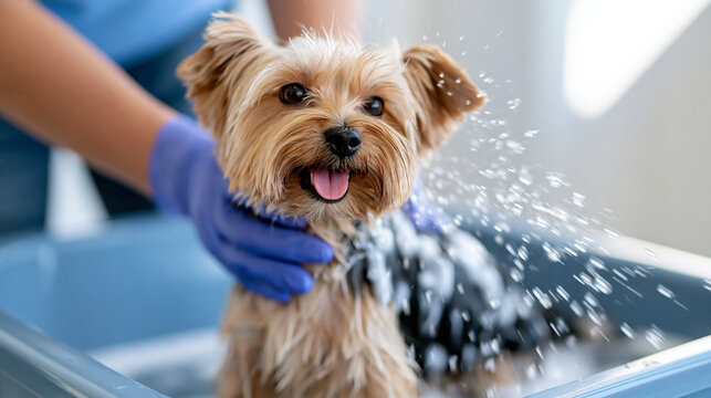A small dog sitting in a shallow grooming tub with soapy lather covering its back while gloved hands massage shampoo into its fur, a light shake sending water droplets outward, bri