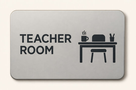 A silver plaque with the text TEACHER ROOM and an icon of a desk, chair, and coffee cup.