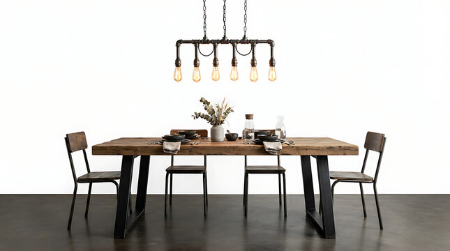 Industrial-style dining room set featuring a heavy, rustic wooden dining table with black metal legs, paired with four matching chairs. 