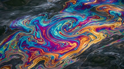 Obraz premium Iridescent oil spill creates vibrant swirling patterns of bright blue and golden yellow colors on dark water reflecting natural light