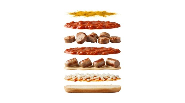 Exploded view of a traditional German Currywurst sandwich with sliced sausage, curry sauce, onions, and bun, isolated on a white background.
