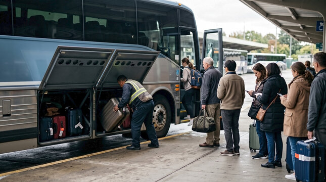 Passengers boarding a coach bus at a bus terminal with luggage loading, depicting efficient ground transportation, long distance bus travel, and intercity journeys for travel blogs