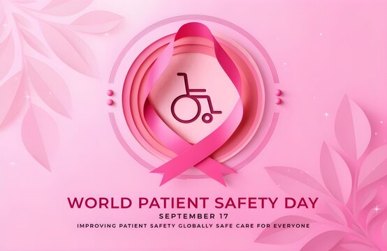 World patient safety day pink theme banner with wheelchair and ribbon, hospital