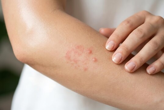 Close up of a woman's arm suffering from an itchy skin rash, showing symptoms of atopic dermatitis and allergic skin rash inflammation, medical concept of painful skin rash and eczema.