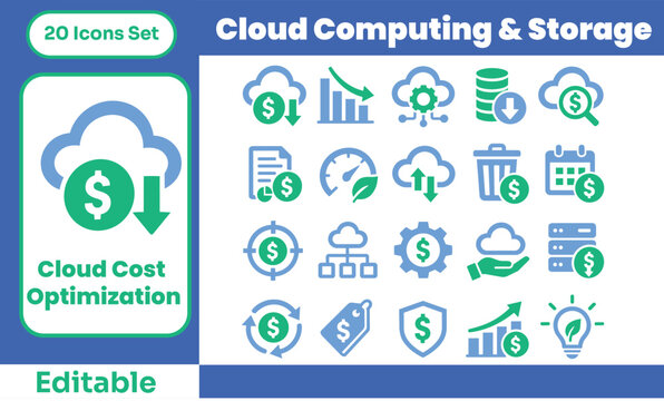 Cloud computing cost reduction icons set with black silhouettes of financial growth charts and money optimization symbols.
