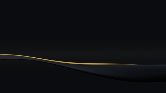 Seamless 4K 60FPS 3D animation of a luxurious black silk fabric wave with metallic gold trim undulating gracefully in the lower frame, leaving 70% upper negative space for presentation title text.
