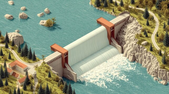 Isometric vector of hydroelectric dam and water