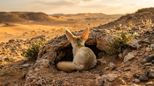 Fennec fox resting in a desert landscape at sunset