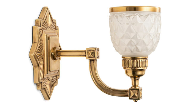 Vintage style brass wall sconce with ornate backplate and frosted glass shade
