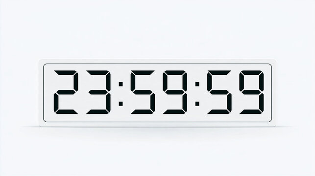 Digital clock shows 23:59:59. White background with clean, minimalist design. Sharp black digits stand out with soft shadow. Ideal for countdown, urgency, or deadline visuals