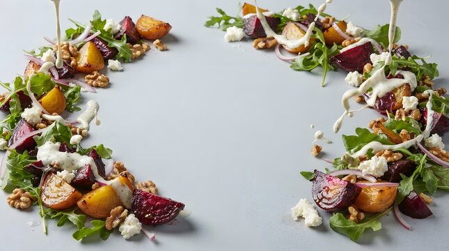 Fresh Beet Salad with Arugula, Walnuts, Goat Cheese and Creamy Dressing Pouring, Arranged in a Frame with Copy Space on a Light Grey Background
