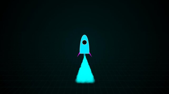 Cartoon rocket launch neon cyan exhaust on dark grid background