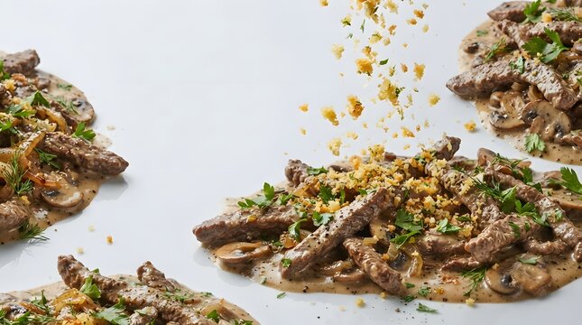Delicious Beef Stroganoff with Creamy Mushroom Sauce and Breadcrumbs Falling on White Background, Gourmet Restaurant Food Photography Concept