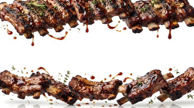Grilled Beef Ribs with Sticky BBQ Sauce Floating Isolated on White Background, Frame Composition with Copy Space for Food Menu or Restaurant Ad