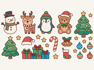 Fototapeta premium Cute cartoon Christmas characters and festive holiday decorations set on a light background, perfect for seasonal designs and greetings.