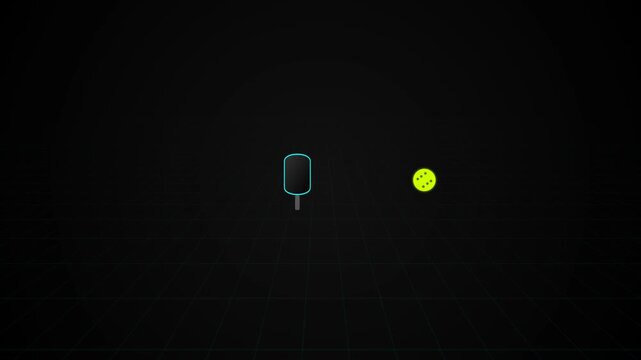 Neon pickleball paddle and ball on dark grid