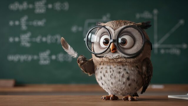 Cartoon owl wearing large glasses holding a feather pen in a classroom