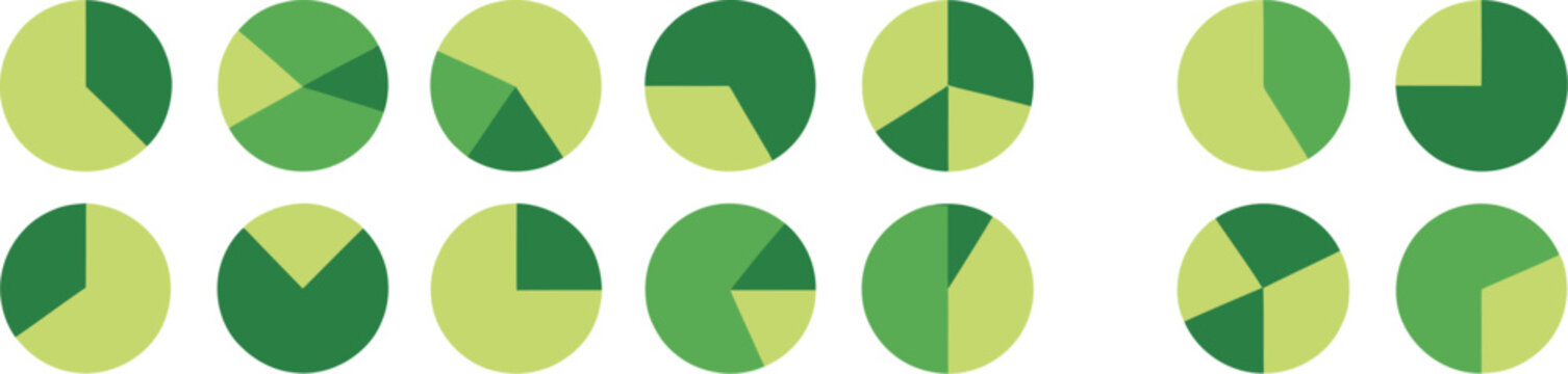 Pie chart segment icons, colorful circle section symbols for one two three four five six parts, wheel diagrams and geometric graphics.